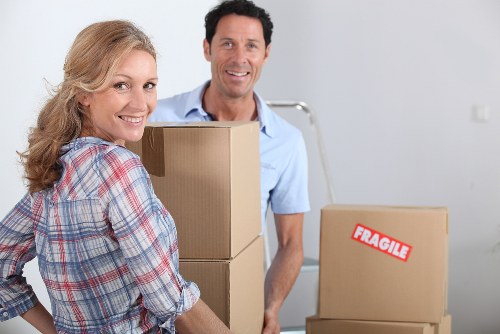 Packed office furniture and boxes ready for a business move